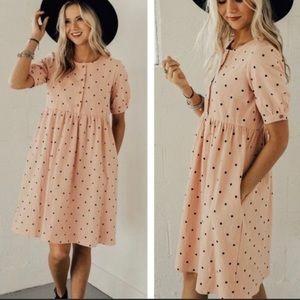 Roolee Brandi Dress Blush Pink Black Dress Polkadot Modest Casual Size Large